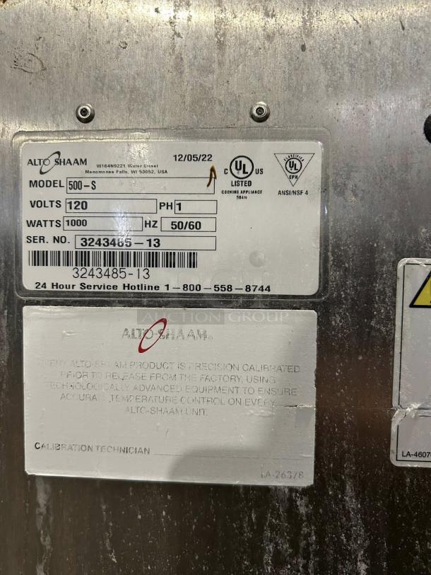 Like new Alto-Shaam 500-S mobile 6 pan holding cabinet. Voltage: 208/240V. Fully tested. UL listed. Serial No. 3243465-13.