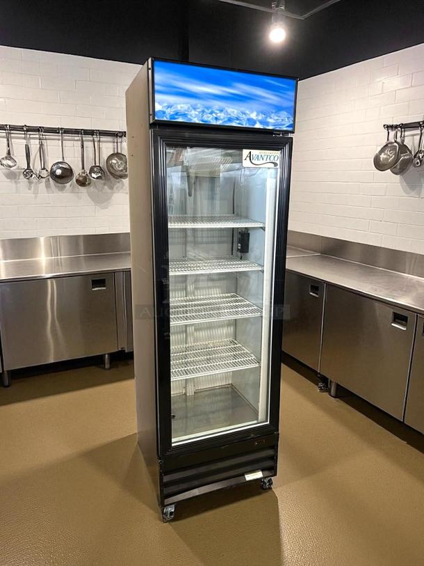 Avantco GDC-15-HC merchandiser refrigerator, 25 5/8" black, glass door, LED lighting, excellent condition, customizable panel.