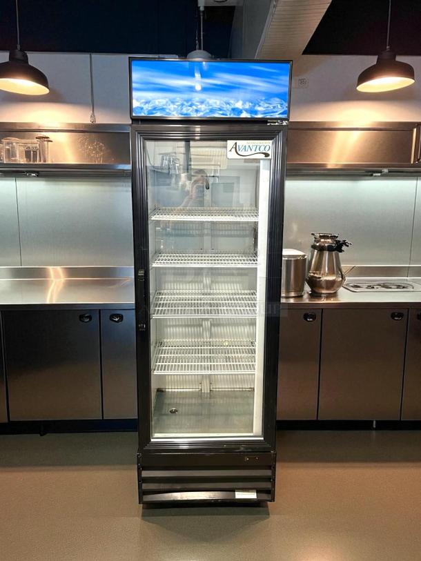 Avantco GDC-15-HC merchandiser fridge, black, swing glass door, LED lighting, pristine condition, fully tested, showroom image.