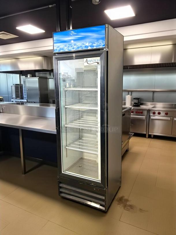 Avantco GDC-15-HC merchandiser refrigerator, black, glass swing door, LED lighting, excellent condition, fully tested.