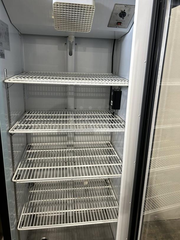 Avantco GDC-15-HC merchandiser refrigerator, black, swing glass door, LED lighting, fully tested, excellent condition.