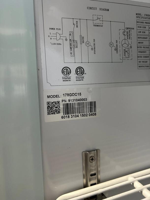 Avantco GDC-15-HC merchandiser refrigerator circuit diagram and barcode label, model 178GDC15, ETL certified.