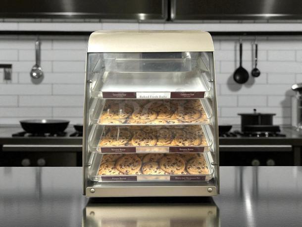 Subway S/s cookie display case in excellent condition, featuring three shelves with clear labeling. Compact and clean unit.