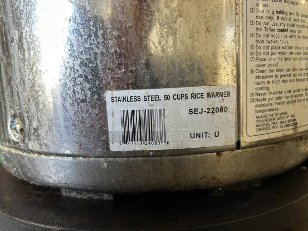 Thunder Group SEJ22000 stainless steel 50 cup electric rice warmer, tested and working. Model SEJ22000 label visible.