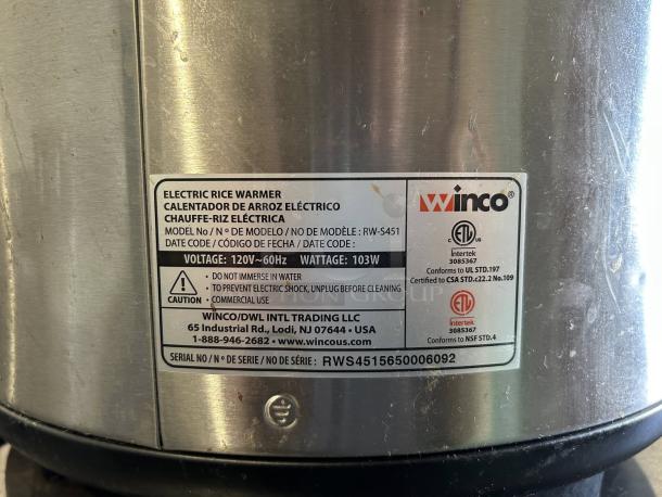 Winco RWS451 Electric Rice Warmer, stainless steel, 100 cup capacity, ETL certified, model RW-S451, fully tested and working.