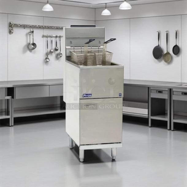 Pitco VF-35S gas fryer in great condition, 35 lb vat, natural gas, floor model, tested and working, with Pitco logo.