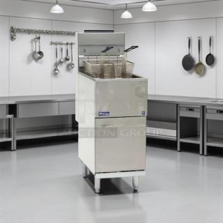 Pitco VF-35S gas fryer in great condition, 35 lb vat, natural gas, floor model, tested and working, with Pitco logo.