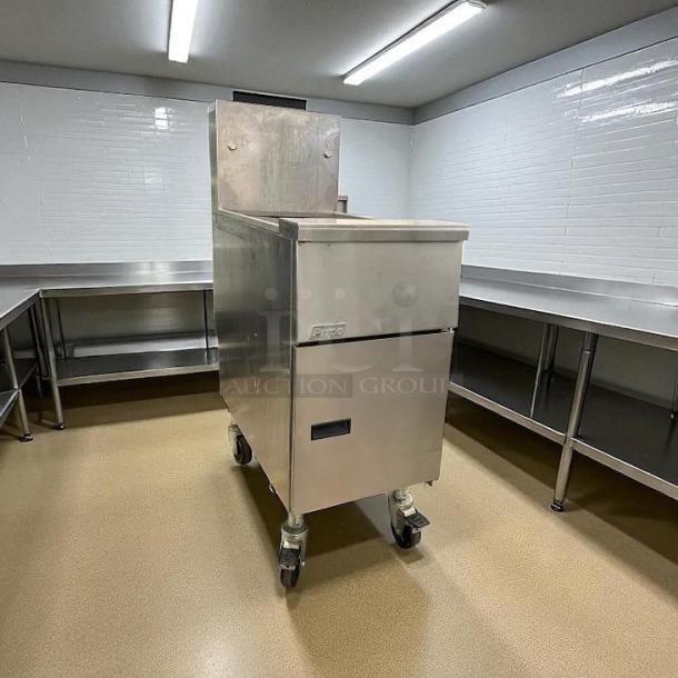 Pitco VF-35S gas fryer, 35 lb vat, floor model, natural gas, stainless steel, on wheels, fully tested, great condition.