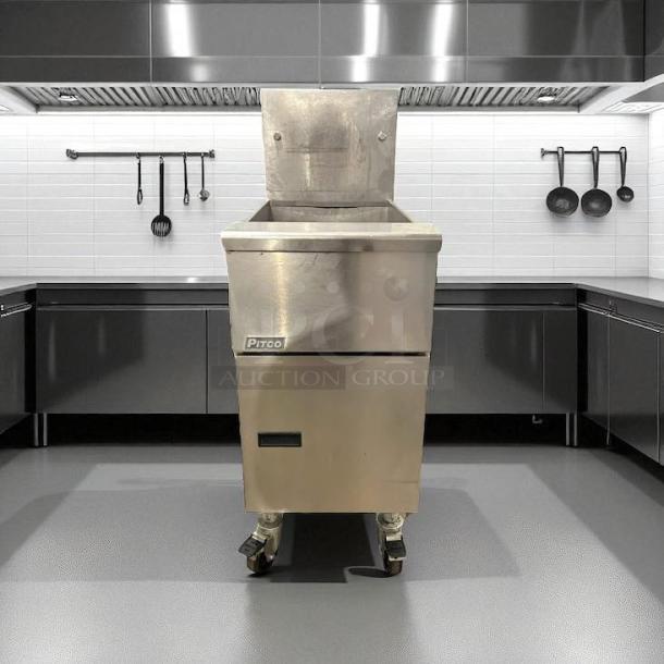 Pitco VF-35S gas fryer, 35 lb vat, natural gas, floor model, excellent condition, fully tested, stainless steel finish.