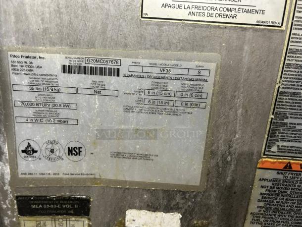 Pitco VF-35S gas fryer label showing model, serial number, natural gas type, and 35 lb capacity. NSF certified.