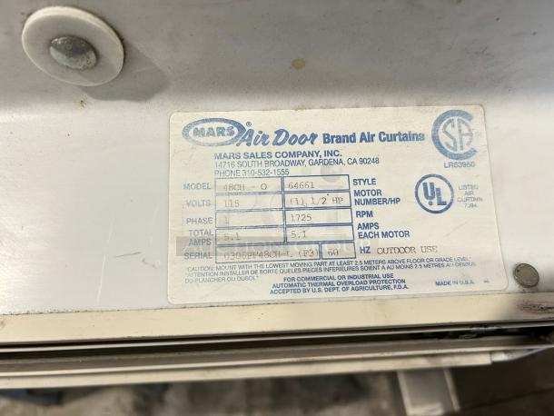 Mars Air Curtain, 48-inch, Model 48CH-0, 115 volts, 1/2 HP, excellent condition, fully tested and working, serial 0306PF48CH-1.