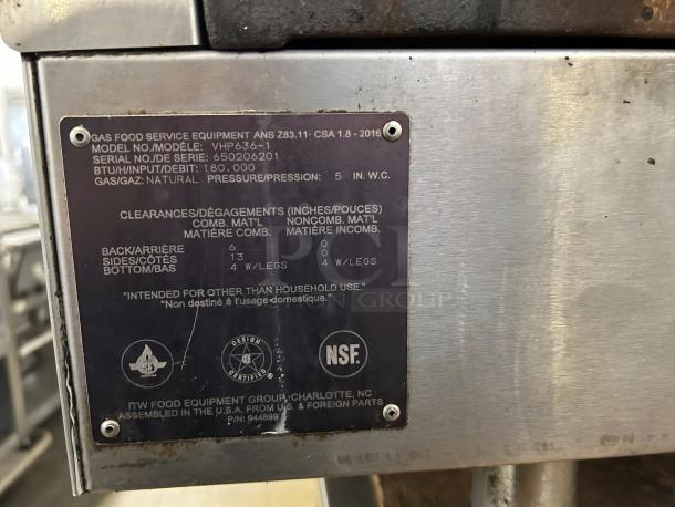 Vulcan VHP636 36" 6 Burner Countertop Range, 180,000 BTU, natural gas, label showing model and serial number.