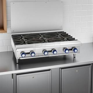 Imperial IHPA-6-36 gas hotplate, 36", 6 burners, NSF-certified, excellent condition, fully tested, stainless steel.