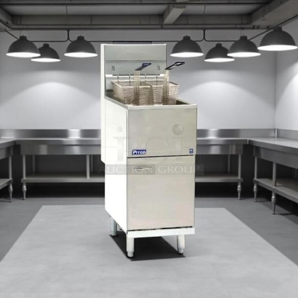 Pitco VF-35S gas fryer, 35 lb vat, floor model, excellent condition, natural gas, fully tested, visible logo on front.
