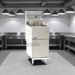 Pitco VF-35S gas fryer, 35 lb vat, floor model, excellent condition, natural gas, fully tested, visible logo on front.