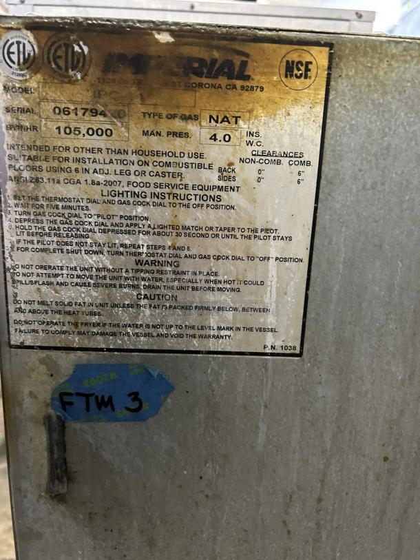 Imperial IPC-14 stainless gas pasta cooker, 12-gallon, fully tested, label shows model, natural gas type, and safety instructions.