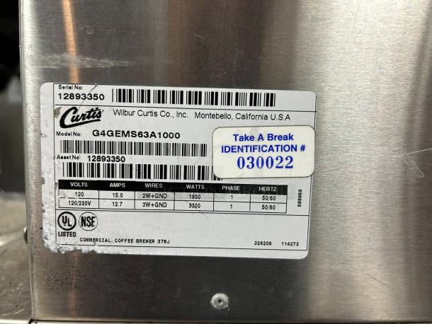 Curtis G4GEMS63A1000 coffee brewer, stainless steel, fully tested, working, 1.5 gal capacity, model and serial labels visible.