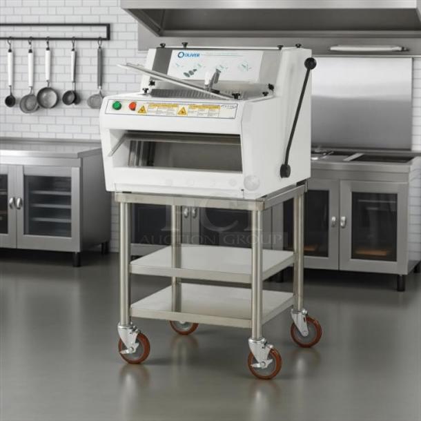 Oliver 732-N front-load bread slicer with bagging scoop, 115v, great condition, tested and working, on wheeled stand.