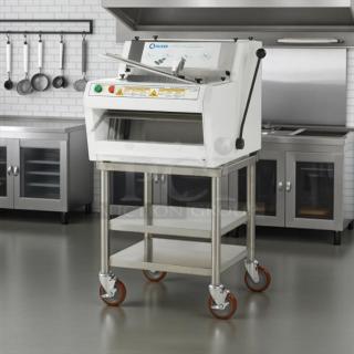 Oliver 732-N front-load bread slicer with bagging scoop, 115v, great condition, tested and working, on wheeled stand.