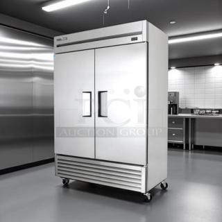 True T-49-HC 54" two-section reach-in refrigerator in excellent condition, features solid left/right hinge doors.