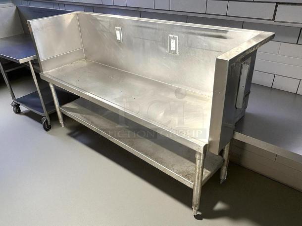 All stainless steel custom-made table with two electrical outlets, featuring a backsplash and lower shelf. Excellent condition.