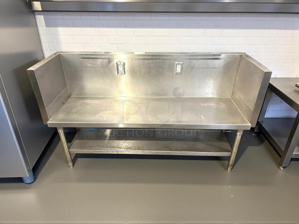 Stainless steel custom-made table with two outlets, featuring a backsplash and lower shelf. Excellent condition.