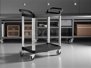 Brand new Choice black utility cart, 32"x16", with two shelves and wheels, ideal for bussing, sturdy construction.