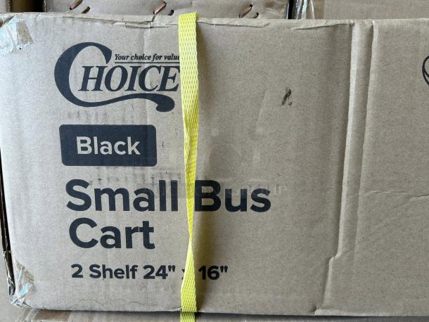 Brand new Choice black utility cart box, labeled "2 Shelf 24” x 16” Small Bus Cart." Yellow strap visible.
