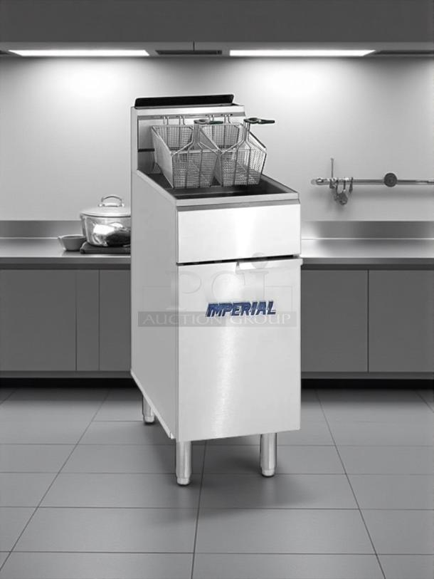 Imperial IFS-40 40lb gas fryer, 105,000 BTU, excellent condition, fully tested, silver exterior, with baskets, logo visible.