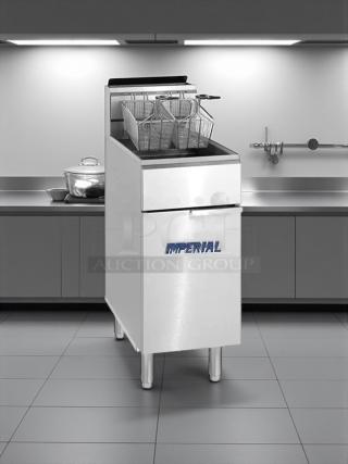 Imperial IFS-40 40lb gas fryer, 105,000 BTU, excellent condition, fully tested, silver exterior, with baskets, logo visible.