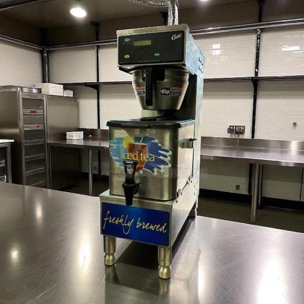 Curtis TBP 9-Inch Low-profile Tea Brewer with 3-gallon dispenser, excellent condition; features iced tea graphics.
