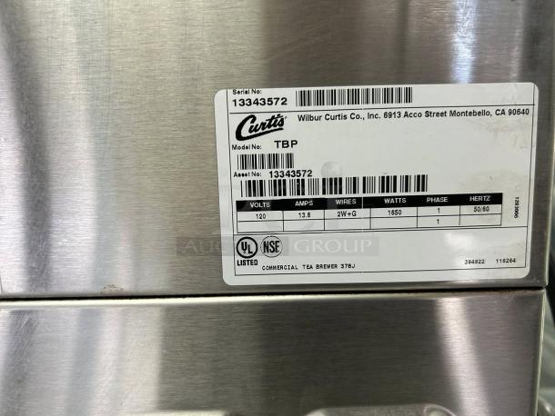 Curtis TBP 9" Low-profile Tea Brewer, 3-gallon capacity with dispenser, excellent condition. Serial No: 13343572, fully tested.