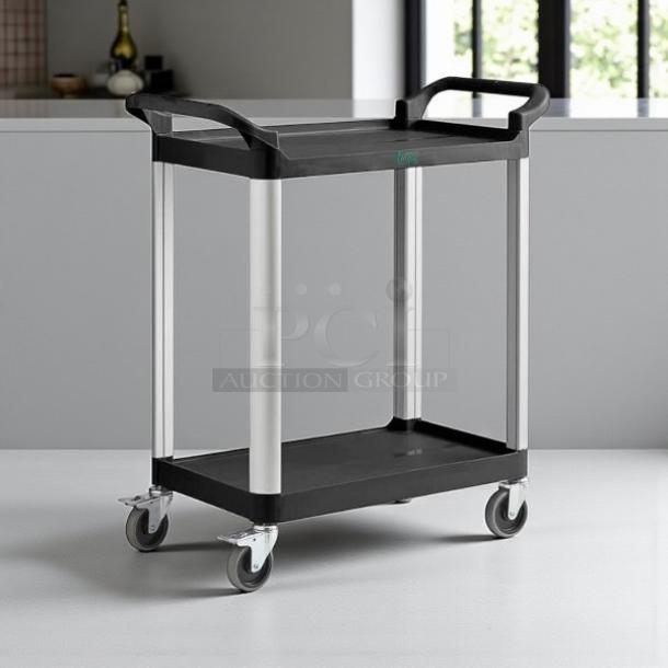 Brand new Choice black utility cart, 32" x 16", with two shelves and swivel casters, ideal for bussing tasks.