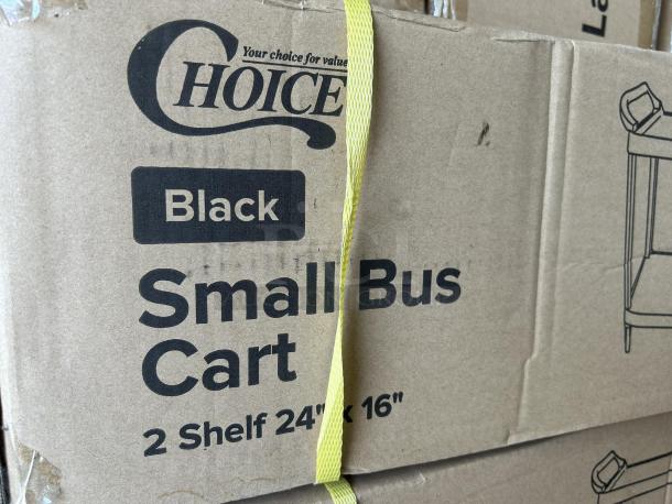 Packaging for Choice Black Utility/Bussing Cart with Two Shelves, 32" x 16", brand new condition.