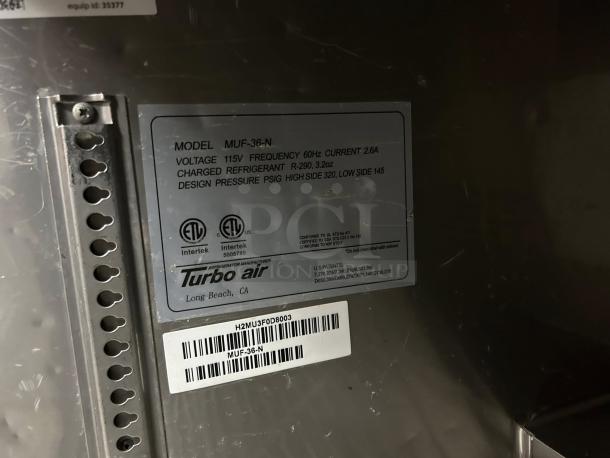 Turbo Air MUF-36-N undercounter freezer label, 36 1/4" wide, two sections, 115v, model details and specifications visible.