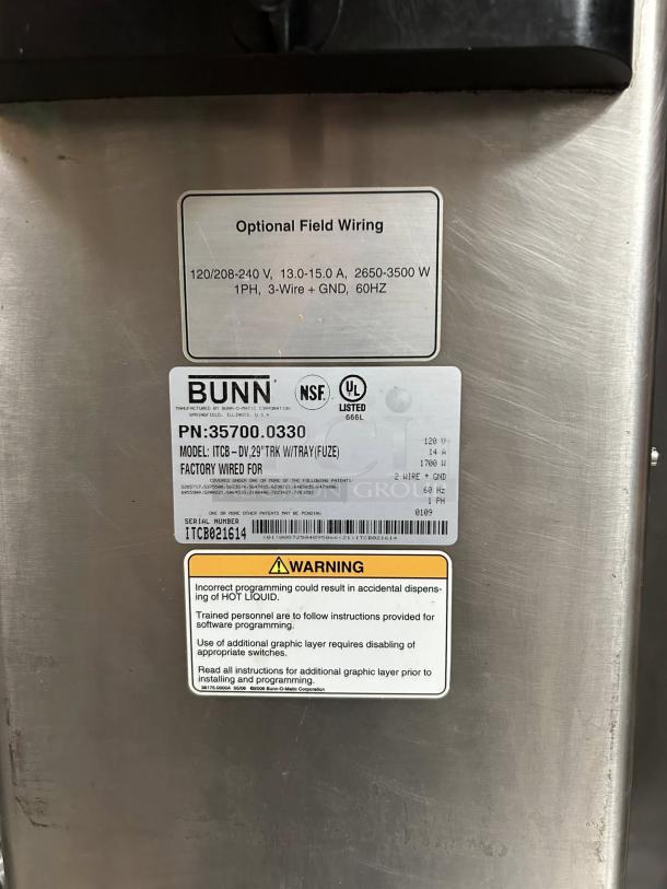 Bunn ITCB-DV brewer in excellent condition, showing label with model, serial number ITCB021614, and voltage details.