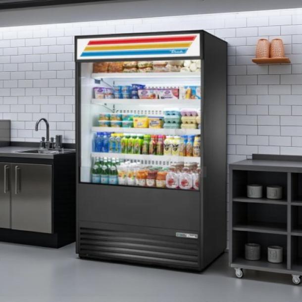 True TAC-48 vertical air curtain merchandiser, 34 cu. ft., black, tested and working, great condition, 115V.