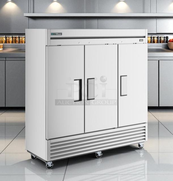 True T-72F-HC 3-Door Commercial Freezer, excellent condition, fully tested, working, 115V, on casters, white finish.