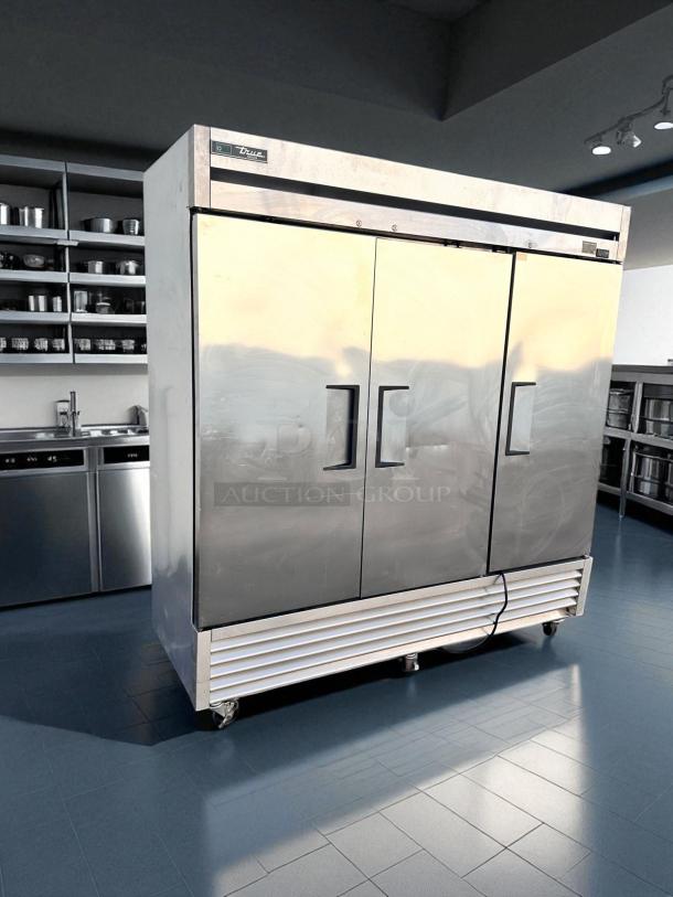 True T-72F-HC commercial freezer, 3-door, excellent condition, 115V, stainless steel, mobile, fully tested and working.