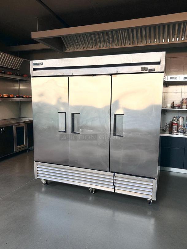 True T-72F-HC 3-door commercial freezer, excellent condition, stainless steel, 115V, tested and working, on casters.