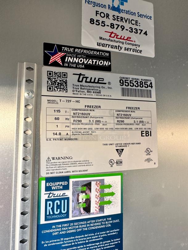 Alt text: True T-72F-HC 3-door commercial freezer, excellent condition, True Manufacturing Co., 115V, fully tested, warranty.