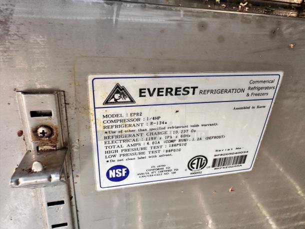 Everest EPR2 label showing model details, including compressor info, refrigerant type, and NSF certification.