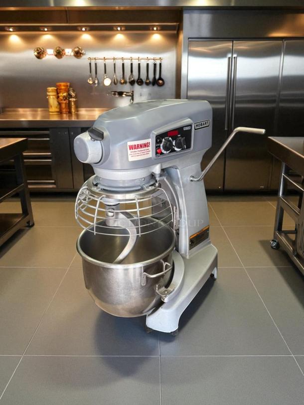 Hobart HL200 20 Qt commercial mixer in outstanding condition, fully tested and working. Features 100–120V power, includes safety label.