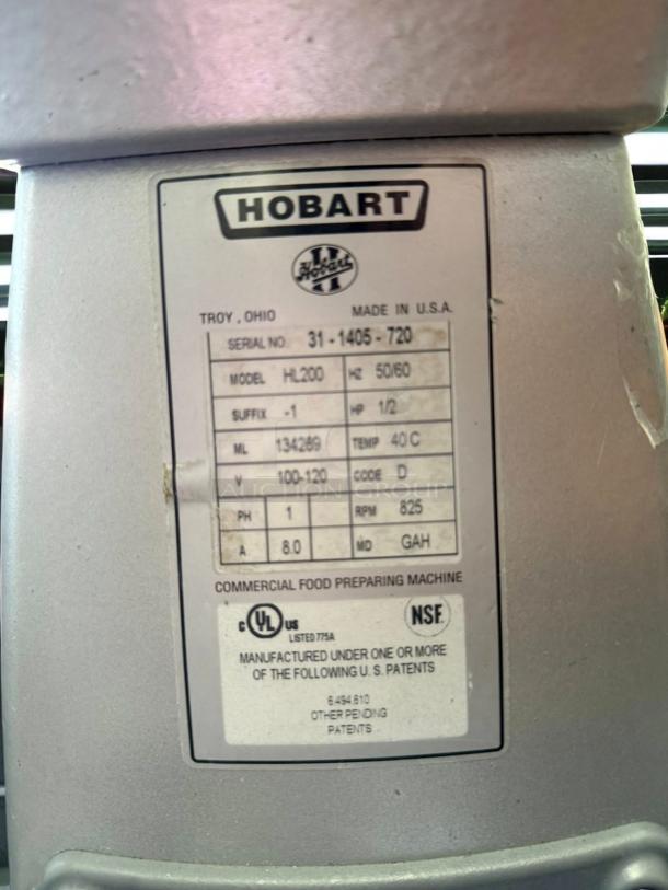 Hobart HL200-1 20 Qt Commercial Mixer, outstanding condition, serial 31-1405-720, 100–120V, fully tested, NSF certified.