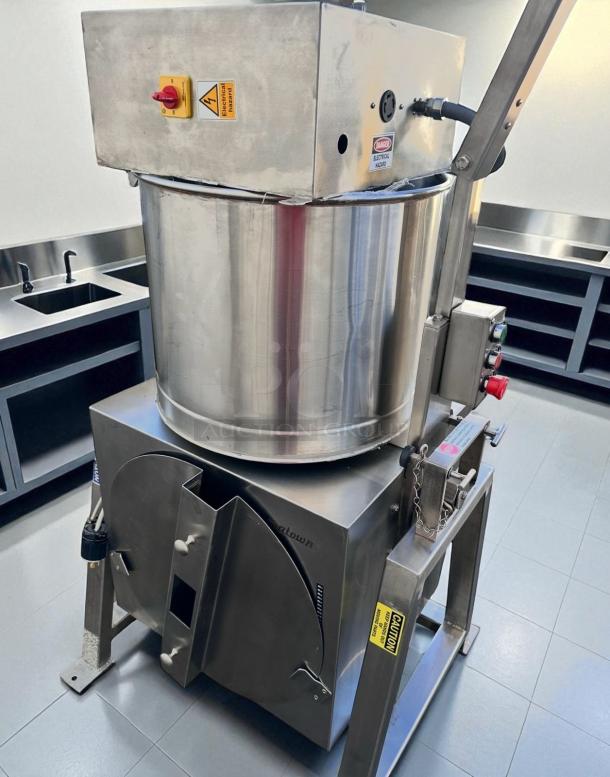 CocoaTown ECGC-65A-AV cacao grinder in superb condition. Stainless steel, 220V, 3-phase, fully tested. Caution and hazard labels visible.
