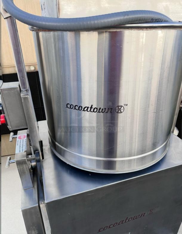 Superb condition CocoaTown ECGC-65A-AV commercial cacao grinder, stainless steel, 220V, 3-phase, fully tested, logo visible.