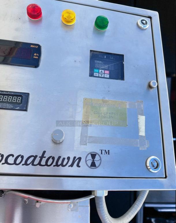CocoaTown ECGC-65A-AV cacao grinder control panel with indicator lights and digital displays. Excellent condition, 220V, 3-phase.