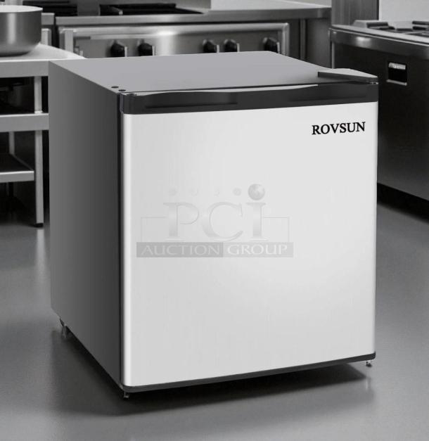 Brand new ROVSUN BD-40-E mini fridge, 1.1 cu. ft., energy-efficient, ideal for dorms, offices, with logo on door.