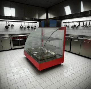 Cozoc FW5004-2 27" heated display case, superb condition, red finish, curved glass front, fully tested, 120V, countertop model.