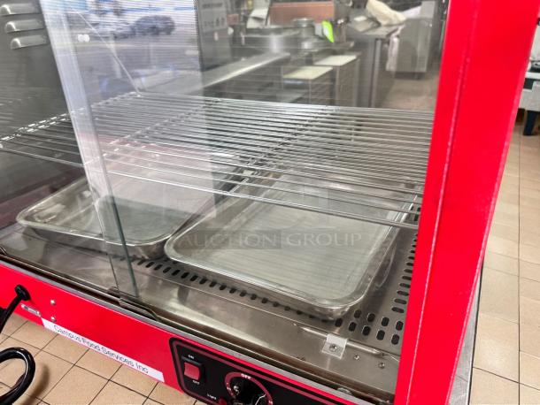 Cozoc FW5004-2, 27" heated display case; superb condition, clear glass, metal trays, adjustable shelves, 120V.